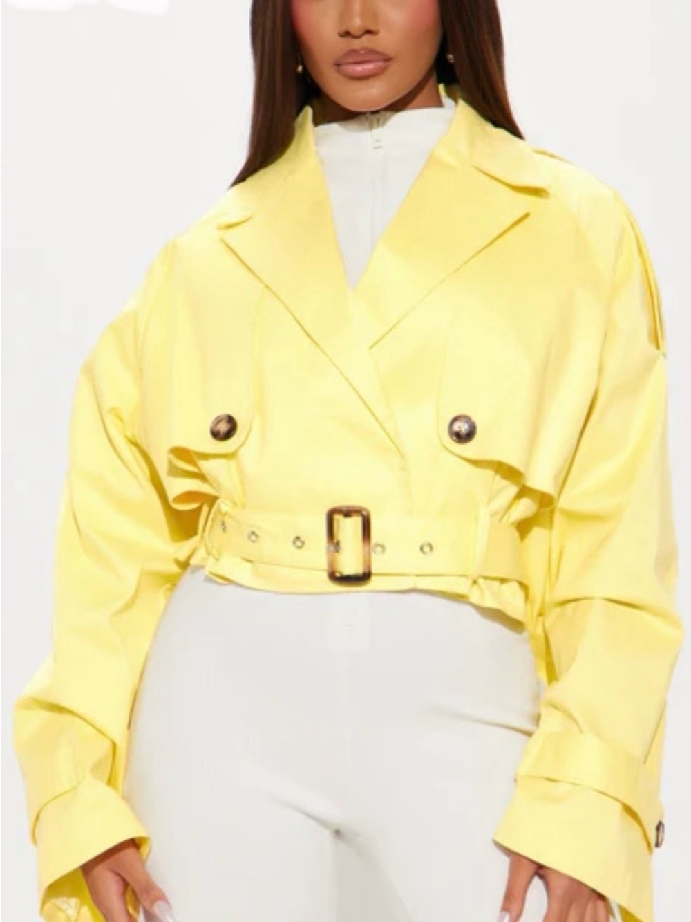 BRAND NEW FASHION NOVA “LEONA” Cropped Yellow Belted Trench Jacket - Size 1X